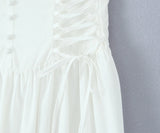 Bonnyshow  Bohemian Style Bow O Neck White Midi Dress Women Front Lace Up Bandage Sleeveless Casual Summer Dresses Holiday Robe