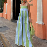 Bonnyshow  Women Summer Boho Striped Long Dress Sleeveless Flowy A Line Maxi Sundress Ladies Vacation Going Out Beach Dress