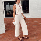 Bonnyshow  Casual Pants Set Women Contrast Knitted Vest 2piece Set Round Neck Sleeveless Waistcoat Cardigan High-waisted Trousers Summer