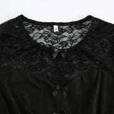 Bonnyshow  Hook Floral Lace Patchwork Top Black Sexy Cut Out Bow Decorate Short Sleeve T-shirt Elegant Slimming Clothes Summer