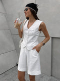 Bonnyshow Summer Women's  V-neck Vest Shorts Two-Piece Set Fashionable Chic White Base Style Loose Shorts Suits Versatile