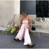 Bonnyshow  Women Pant Sets Two Piece Set Sexy Backless Sleeveless Pink Vest Loose Wide Leg Pants Suit Female Summer Fashion Lady Outfits