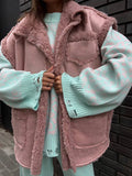Bonnyshow Plush Lining Sleeveless Women's Vest Coat Fashion Turndown Collar Single Breasted Coats Winter Windproof Warm Jacket for Women