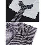 Bonnyshow Girls Y2k Two Piece Set Women Bow Backless Crop Top And Striped Pleated Mini Skirt Women Summer Outfits Matching Sets