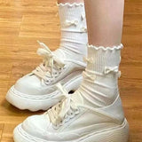 Bonnyshow 2/5 Pairs Cotton Bow Ruffles Ankle Socks For Women Lolita Cute Kawaii Stocking Girl Spring Black White Middle Tube Japanese Sox