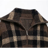 Bonnyshow  Vintage Plaid Zipper Sweater Coat Women Elegant Knitted Thick Brown Sweaters With Pockets Female Versatile Street Daily Outwear