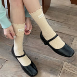 Bonnyshow Korean Cotton Ruffles Middle Tube Socks for Women Solid Color Label Pile up Socks Japanese Lolita Girl Accessories New year gift