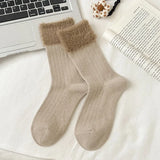 Bonnyshow Winter Fluffy Fur Socks for Women Warm Mink Velvet Mid-tube Sock Korean Splice Thick Thermal Lady Girls Floor Sock