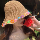 Bonnyshow Flowers Adults Female Straw Hat Summer Hats Korean Fashions Caps Women Beach Seaside Vacation UV Sunscreen Foldable Sun Hat