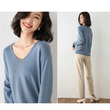 Bonnyshow  Spring Autumn and Winter Curled Cuffs V-neck Long Sleeve Wool Women Pullovers High Elasticity Sweaters Lady Blue Color Knit Tops