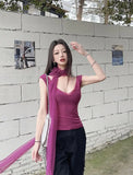 Bonnyshow  Korean Summer New Style Sexy T-Shirts Slim Coquette V-Neck Tees Purple Crop Top Three-Dimensional Flower Aesthetic High Street