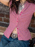 Bonnyshow  Plaid Print Retro Casual Blouses Fold Button Basic Slim Sexy 90s Streetwear Clothings Aesthetic Y2k Summer Outfits
