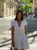 Bonnyshow  Elegant White High Waist A-line Mini Dress For Women Short Puff Sleeve V-neck Bodycon Dresses 2025 Summer New Casual Streetwear
