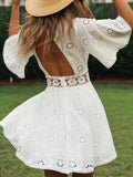 Bonnyshow  Summer Fashion New Women's Vacation Style Dress Sexy Bareback Hollow Out Tassel Imitation Cotton Style Dress