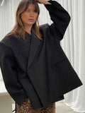 Bonnyshow Turndown Collar Off-center Button Women Coats Fashion Vintage Coat Solid Color Loose Casual Women‘s Coat Side Slit Outerwears
