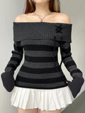 Bonnyshow Off Shoulder Slim Knitted Stripe Jumper Women Lace-Up Slash Neck Long Sleeve Sweater Tee Korean Fashion Street Knittwear