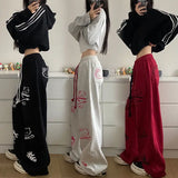 Bonnyshow Retro streetwear graffiti pants Hip hop baggy sweatpants versatile straight leg trousers wide leg drawstring slacks Y2K pants