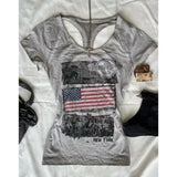 Bonnyshow  American Y2K cotton geometric pattern printed slim fit sexy short-sleeved T-shirts for women in summer new aesthetic casual tops