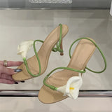 Bonnyshow  Sexy PVC Transparent Flower Narrow Band Women Sandals Street Style Open Toe Thin High Heels Party Prom Shoes