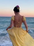 Bonnyshow  Olive Green Off Shoulder Puff Sleeve Maxi Dress Women Ruched Elastic Waist 2025 New Summer Beach Vacation Date Lady Vestidos