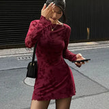 Bonnyshow Dresses Women Autumn O-Neck Sexy Wine Red Streetwear Fashion Print Long Sleeves Dresses Lady Knitted Pullover Clothing Dress