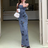 Bonnyshow Women's Maxi Dress New Summer Sexy Backless Sling Sleeveless Mesh Dress Fashion Streetwear Print Casual Slim Party Lady Dresses