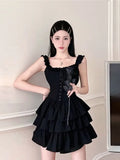 Bonnyshow   Gothic Lolita Kawaii Slip Dress Soft Girl Goth Harajuku Off Shoulder Backless Sexy Black Ruffles Party Dresses Y2k