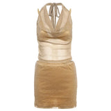 Bonnyshow  Sexy  Sequined Skirt 2 Pieces Set Women Solid Halter Lace Up Crop Tops Min Zippers Dropped Skirts 2025 Summer Party Suit Lady
