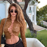 Bonnyshow Brown Lace Tops for Women Sexy See Through Bodycon Long Sleeve T-Shirts Autumn Winter Fashion Bandage Club Party Blouse