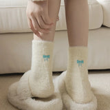 Bonnyshow Bow Embroidered Plush Socks for Women Soft Mink Fleece Floor Sock Korean Ins Winter Warm Female Middle Tube Socks