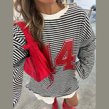 Bonnyshow  Casual Striped Patchwork Tops Women Loose O-neck Number Print Long Sleeve Lady Shirts 2024 Autumn Fashion New Female Streetwears