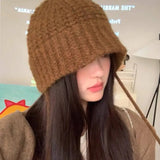 Bonnyshow Winter Wool Bucket Hat for Women Warm Knitted Ear Protection Cap Korean Solid Color Coldproof Crochet Fisherman Hats