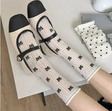 Bonnyshow Japanese Hollow Out Long Socks Women Girls Lace Sweet Bow Sock Casual Crew Loose Sox Streetwears Summer Thin Mid-tube Stockings