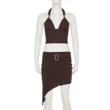 Bonnyshow  Summer Skirts Two Piece Sets For Women Sexy Backless Sleeveless Halter Cropped Tops&Irregular Mini Skirt Suits Holiday