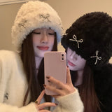 Bonnyshow Korean Bow Plush Beanies for Women Winter Thicken Warm Pullover Hat Y2K Solid Color Anti-Cold Female Ear Protection Hats