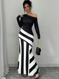 Bonnyshow Women's Maxi Dresses New Autumn Streetwear Fashion Black White Patchwork Casual Slim Dress Elegant Knitted Dresses Clothing