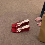 Bonnyshow  Summer Women Narrow Band Slippers Concise Open Toe Slide Ladies Wedges Heel Dress Sandalias