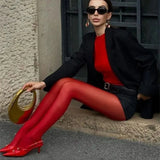 Bonnyshow New Red Pantyhose Female Year Red Socks Tights Women Stockings Slim Lingerie Anti-hook Silk Velvet Wedding Bride's Leggings