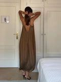 Bonnyshow  Casual Solid Slip Jumpsuit Women Vintage Brown Pleated Loose Wide Leg Jumpsuits Female 2025 Fashion Summer Street Lady Pants