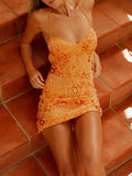 Bonnyshow  Women s Sequin Floral Embroidered Sleeveless Mini Dress with Cross Back Spaghetti Straps for Summer Beach Party