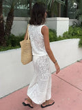 Bonnyshow  Two Piece Sets Women See Through Outifits Casual Sleeveless Print Tank Top High Waist Dress Set White Women Vacation Suit