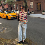 Bonnyshow  Y2k  Sweater Vintage Rainbow Striped Pullover Slanted Collar Fashion Knitted Jumper Long Sleeve Early Autumn Female Knitwear
