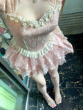 Bonnyshow  French Sweet Design Pink Slimming Fishbone Tube Top All-Match Lace Floral Short Gauze Skirt Two-Piece Set for Women Summer