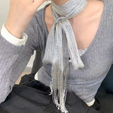 Bonnyshow Korean Silver Silk Scarf Spring and Summer Y2k Silk Scarves Ribbon Ins Women Long Petite Muffler Scarf  Women Accessories