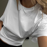 Bonnyshow  Solid Cotton O-Neck Pullover Waist Short Top Women Short-Sleeved Loose T-shirt Causal All-Match Shirts Summer Basic New