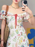 Bonnyshow  Summer Floral Dress Women Dresses Print Flowers Lace-up Female Long Dress Female Clothing