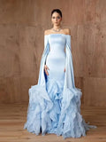 Bonnyshow Elegant Light Blue Mermaid Evening Dresses With Volume Ruched Organza Bottim Boat Neckline Long Sleeves Prom Gowns