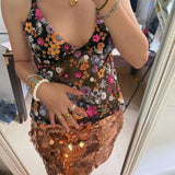Bonnyshow  Sexy Sequin Embroidery Halter Top Women Delicate Floral Pattern Exquisite Mesh Tanks Female 2025 Summer Beach Vacation Lady Vest