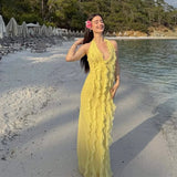 Bonnyshow  Elegant Yellow Halter A Line Prom Gowns Ruffles Tiered Backless Party Gown Summer Vacation Chiffon Long Evening Dress 2025