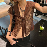 Bonnyshow  Y2K Fashion Lace Crop Top Brown V-neck Lace Up Cardigan Tee Shirt See Through Chic Sexy Short Sleeve T-shirt Summer